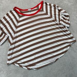 Splendid Shirt Women's‎ Small  T-Shirt Brown White Striped Raglan Red Trim Top